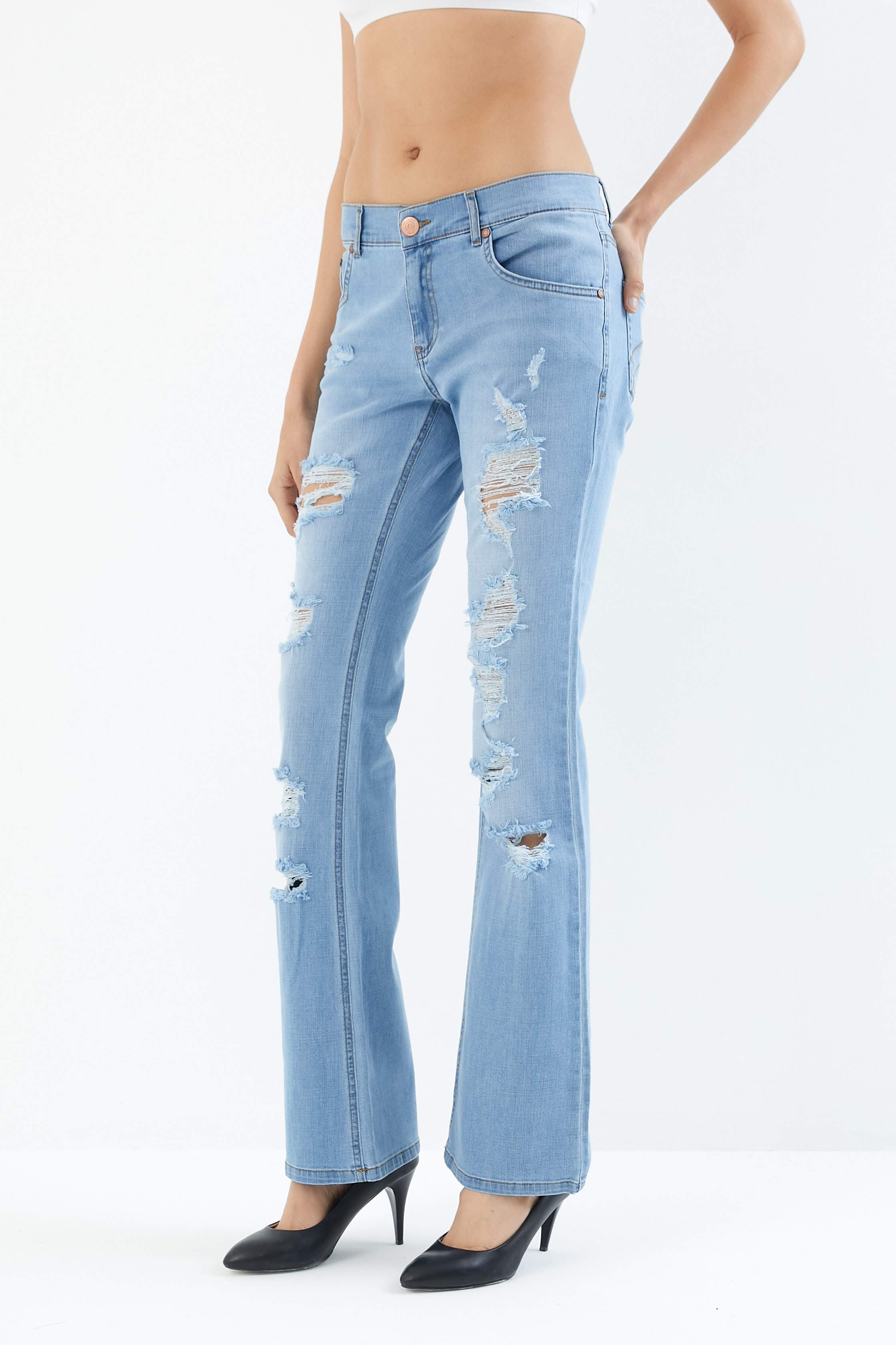 Wide-leg Ripped Light Blue Jeans 4031
